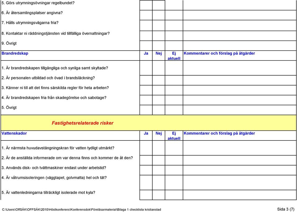 Känner ni till att det finns särskilda regler för heta arbeten? 4. Är brandredskapen fria från skadegörelse och sabotage? 5. Övrigt Fastighetsrelaterade risker Vattenskador Ja Nej Ej 1.