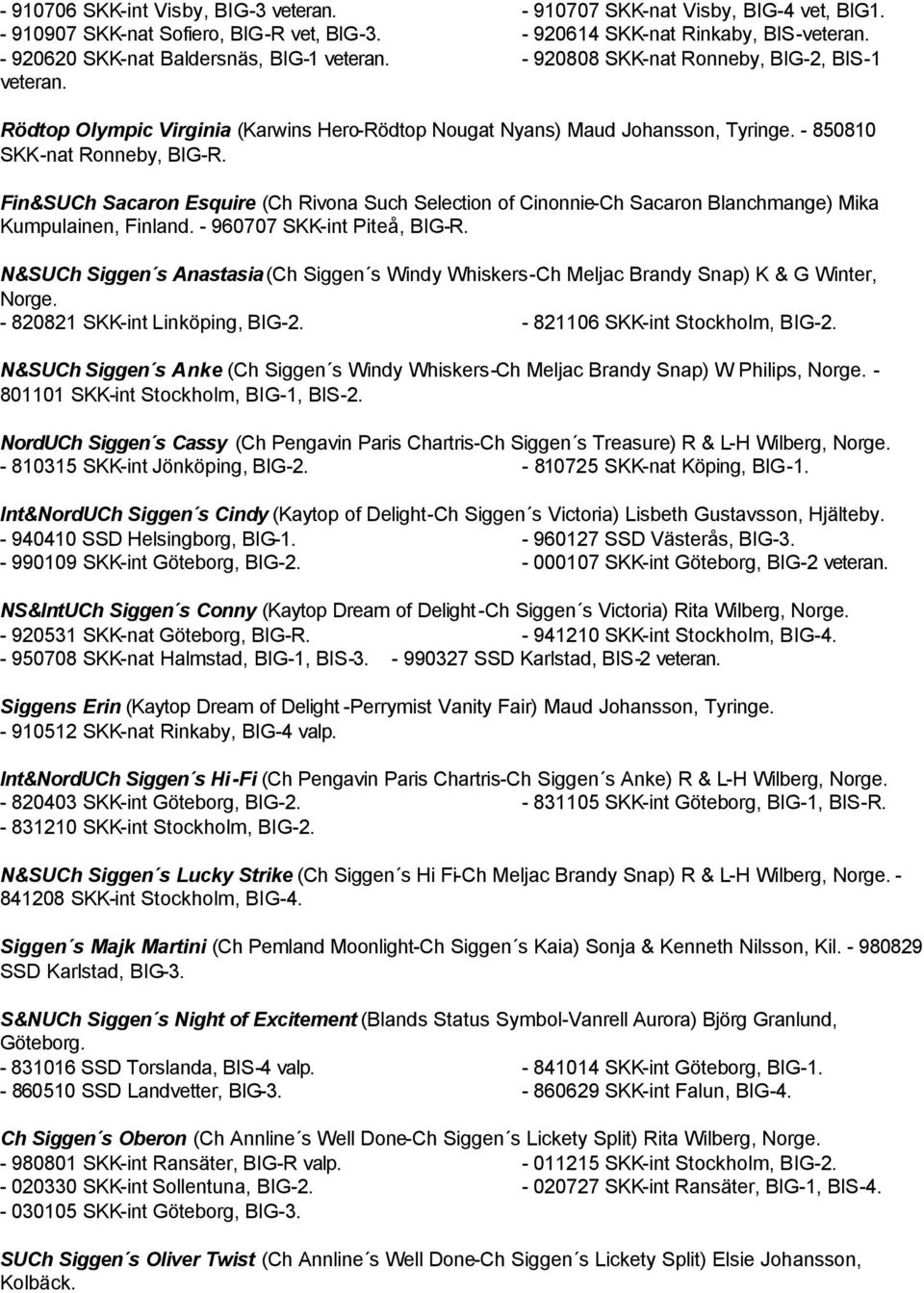 - 850810 SKK-nat Ronneby, BIG-R. Fin&SUCh Sacaron Esquire (Ch Rivona Such Selection of Cinonnie-Ch Sacaron Blanchmange) Mika Kumpulainen, Finland. - 960707 SKK-int Piteå, BIG-R.