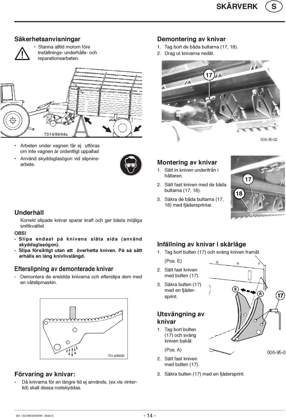 ätt fast kniven med de båda bultarna (17, 18). Underhåll Korrekt slipade knivar sparar kraft och ger bästa möjliga snittkvalitet. OB! - lipa endast på knivens släta sida (använd skyddsglasögon).