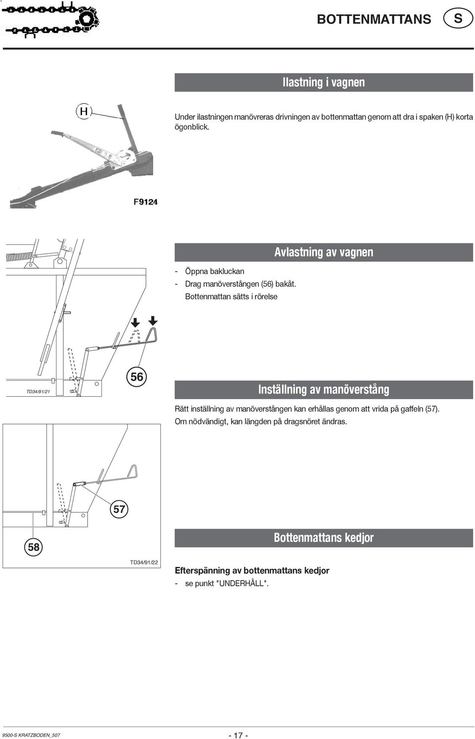 Bottenmattan sätts i rörelse Avlastning av vagnen TD34/91/21 56 Inställning av manöverstång Rätt inställning av manöverstången kan