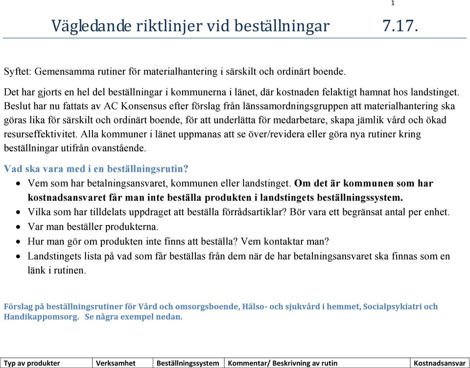 Beslut har nu fattats av AC Konsensus efter förslag från länssamordningsgruppen att materialhantering ska göras lika för särskilt och ordinärt boende, för att underlätta för medarbetare, skapa jämlik