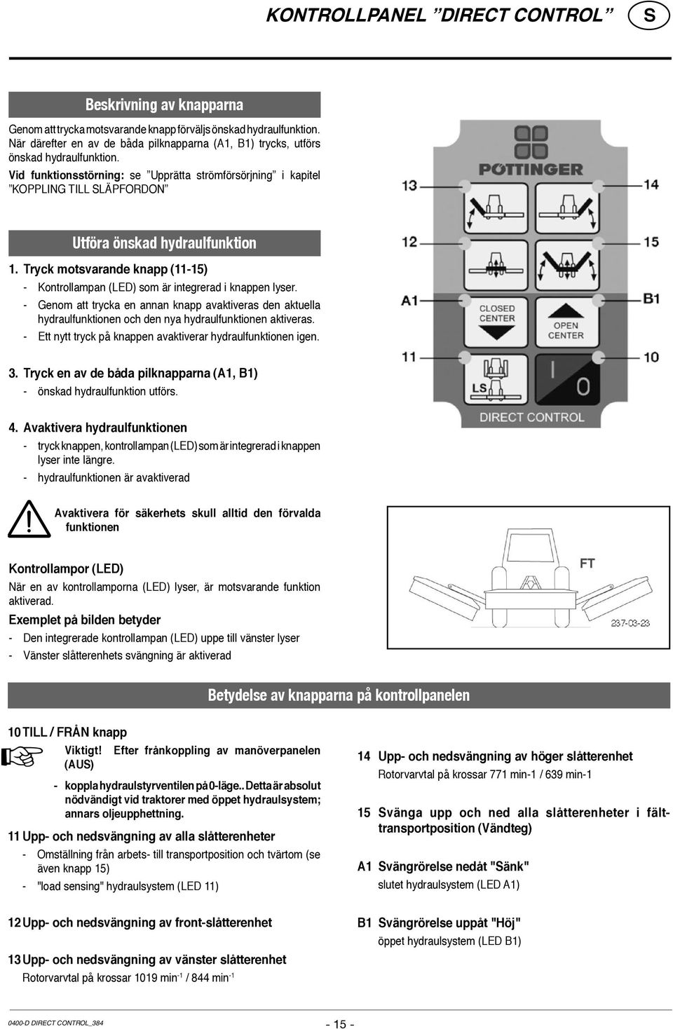 Vid funktionsstörning: se Upprätta strömförsörjning i kapitel KOPPLING TILL LÄPFORDON Utföra önskad hydraulfunktion 1.
