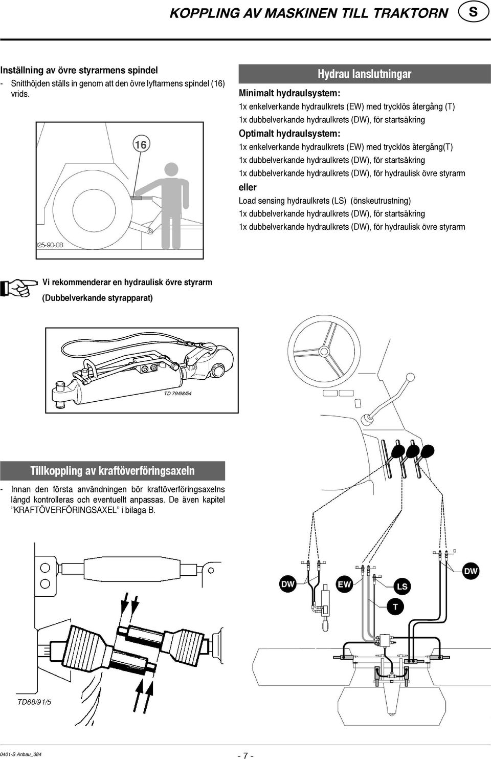 enkelverkande hydraulkrets (EW) med trycklös återgång(t) 1x dubbelverkande hydraulkrets (DW), för startsäkring 1x dubbelverkande hydraulkrets (DW), för hydraulisk övre styrarm eller Load sensing