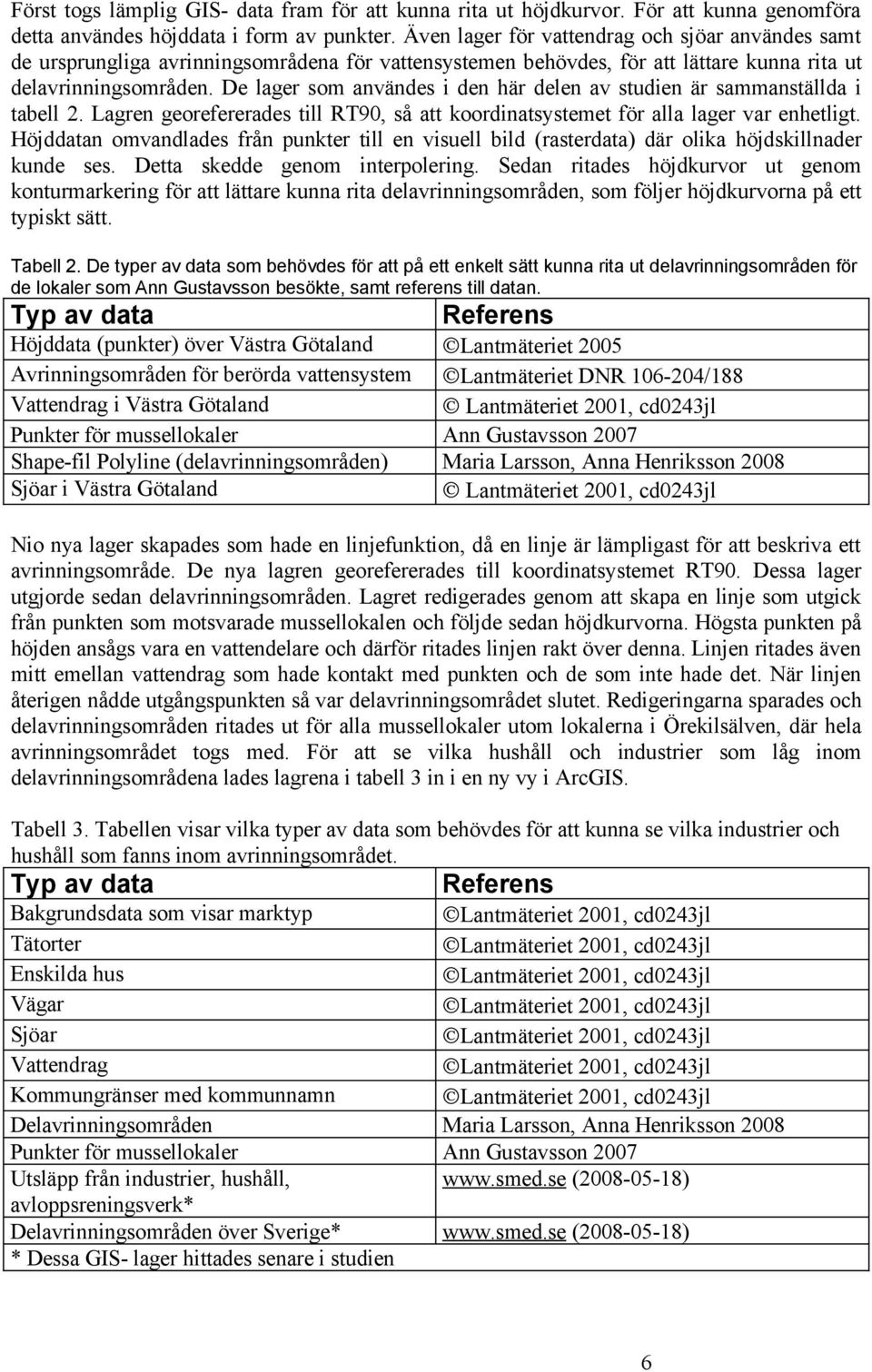 De lager som användes i den här delen av studien är sammanställda i tabell 2. Lagren georefererades till RT90, så att koordinatsystemet för alla lager var enhetligt.