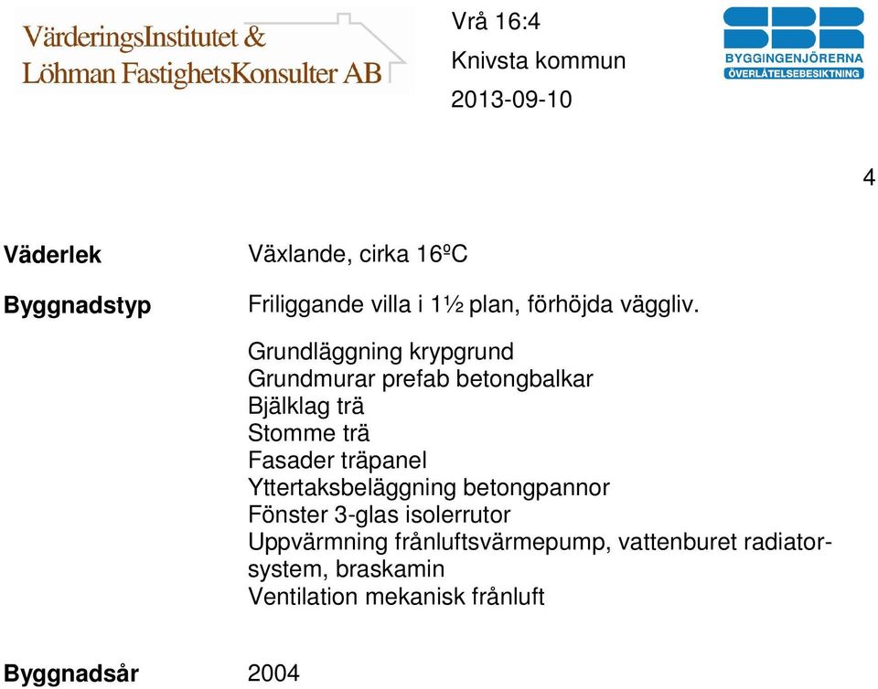 träpanel Yttertaksbeläggning betongpannor Fönster 3-glas isolerrutor Uppvärmning