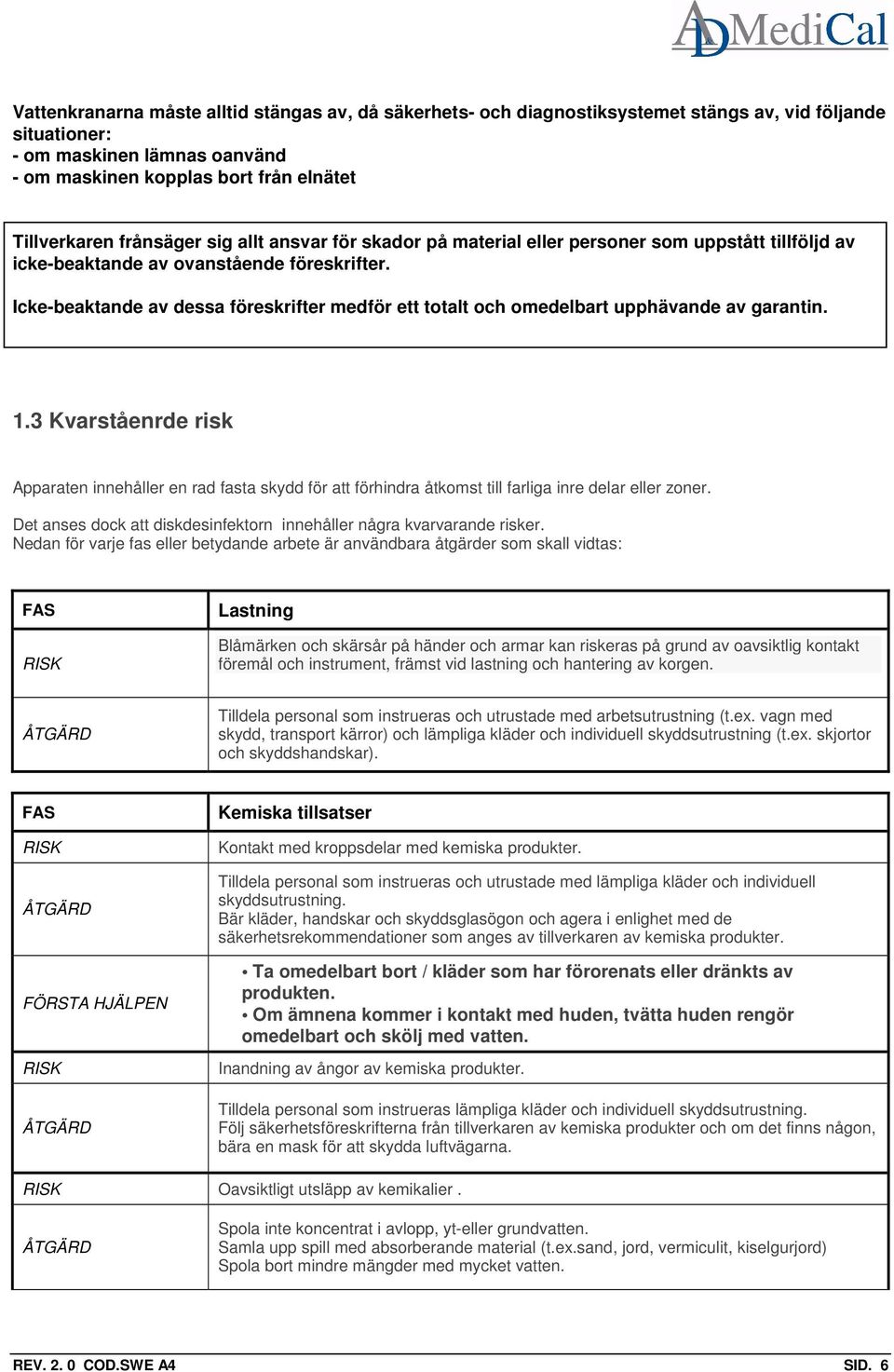 Icke-beaktande av dessa föreskrifter medför ett totalt och omedelbart upphävande av garantin. 1.