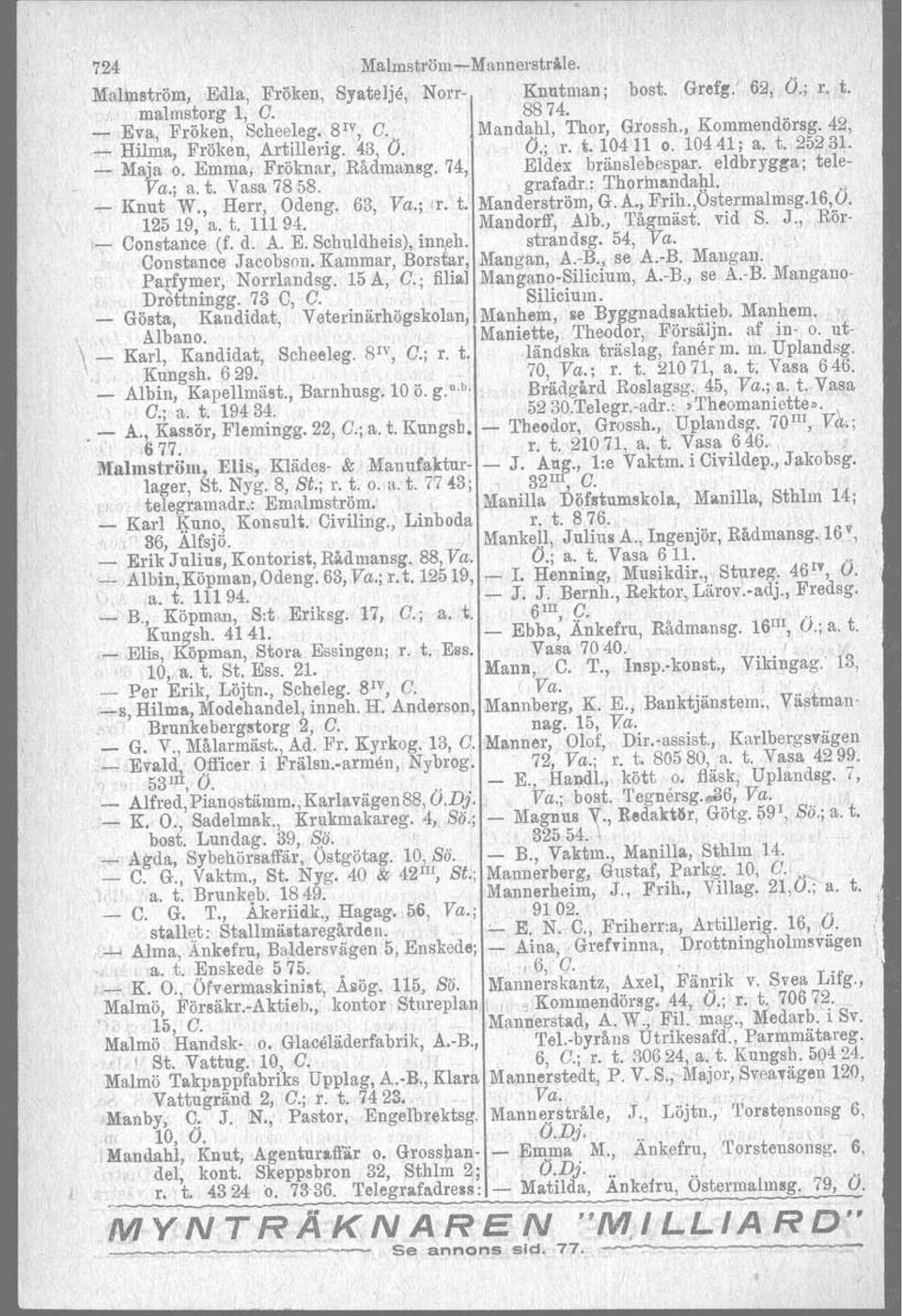 eldbrygga: tele- Va.; a. t. Vasa 78 5S. grafadr: Thormandahl.. _ Knut W., Herr, Odeng. 63, Va.; r. t. Manderström, G.A., Frih.,Ostermalmsg.16,O. 12519, a. t. 11194. Mandorff, Alb., Tågmäst. vid S. J.