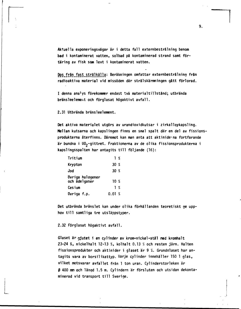 I denna analys förekommer endast två material ti 11 stånd; utbrända bränsleelement och förglasat högaktivt avfall. 2.31 Utbrända bränsleelement.