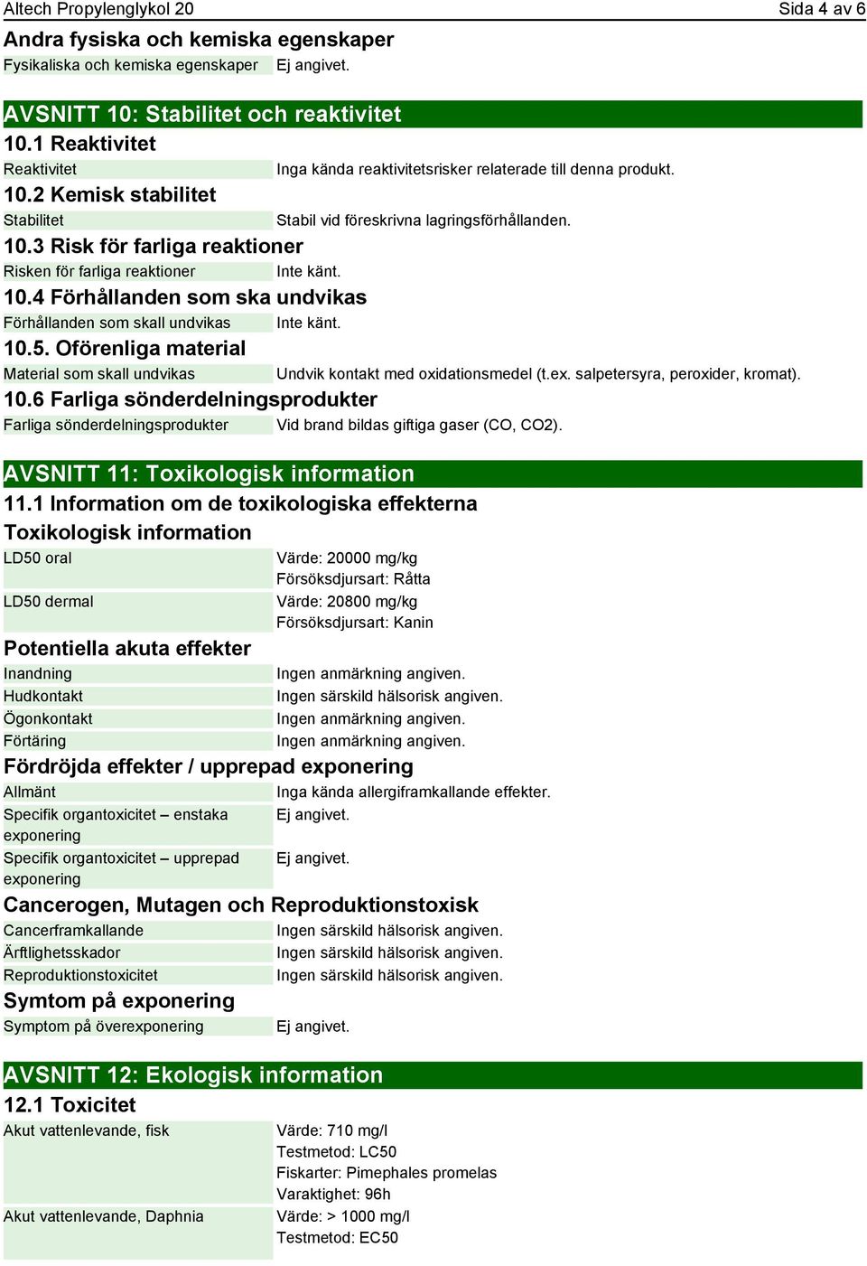 Oförenliga material Material som skall undvikas 10.6 Farliga sönderdelningsprodukter Farliga sönderdelningsprodukter Vid brand bildas giftiga gaser (CO, CO2).