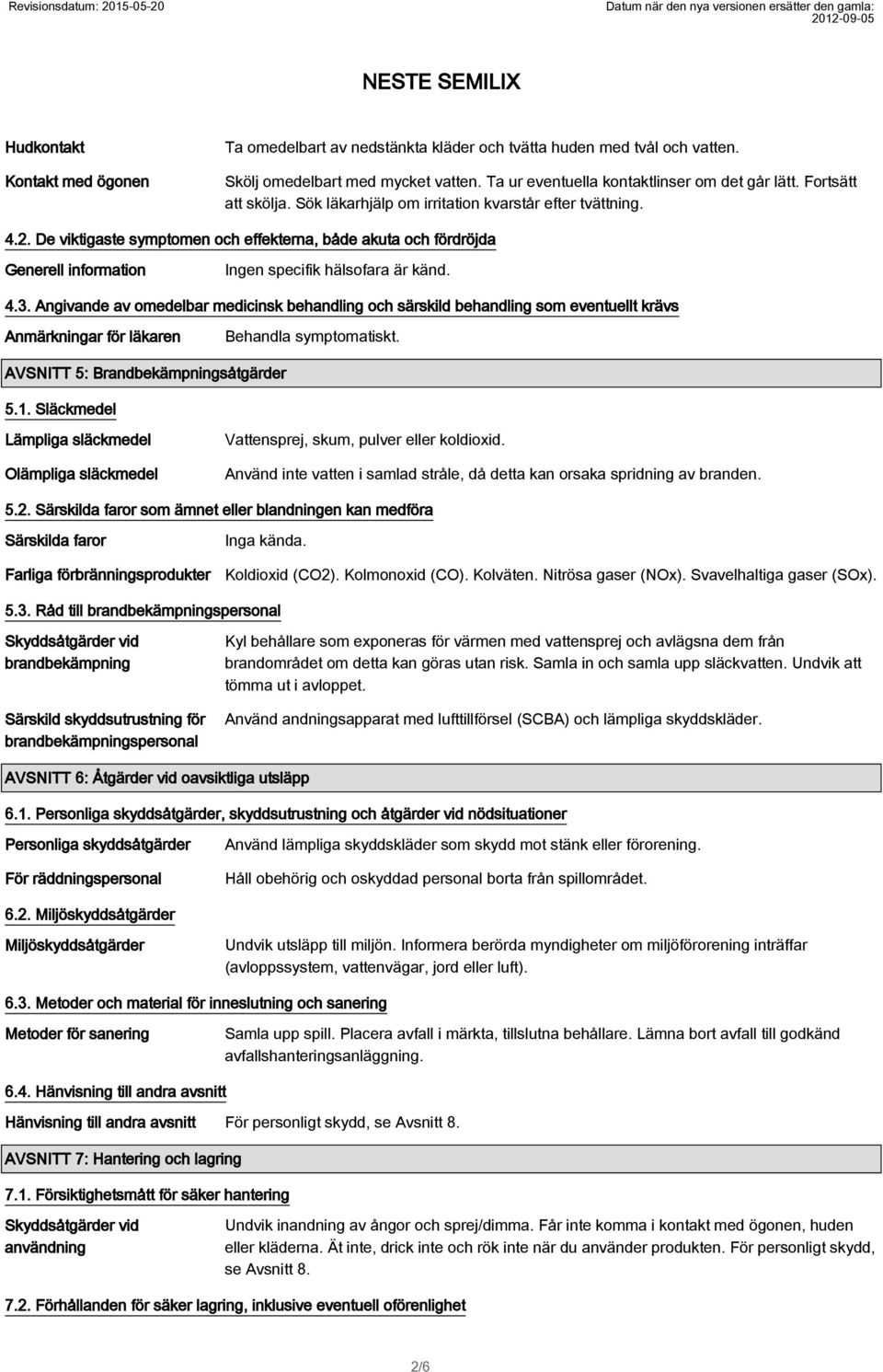 4.3. Angivande av omedelbar medicinsk behandling och särskild behandling som eventuellt krävs Anmärkningar för läkaren Behandla symptomatiskt. AVSNITT 5: Brandbekämpningsåtgärder 5.1.