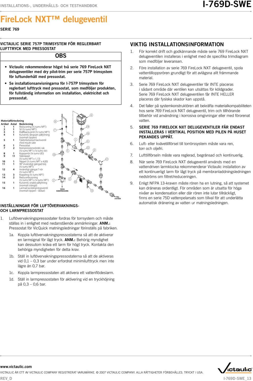 Se installationsanvisningarna för I-757P trimsystem för reglerbart lufttryck med pressostat, som medföljer produkten, för fullständig information om installation, elektricitet och pressostat.