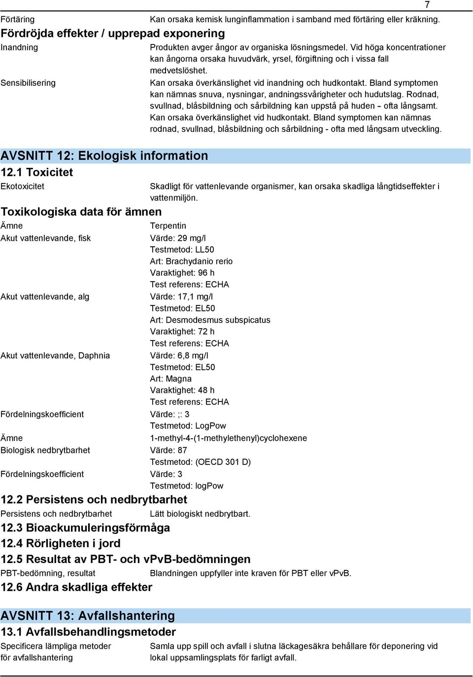 eller kräkning. Produkten avger ångor av organiska lösningsmedel. Vid höga koncentrationer kan ångorna orsaka huvudvärk, yrsel, förgiftning och i vissa fall medvetslöshet.