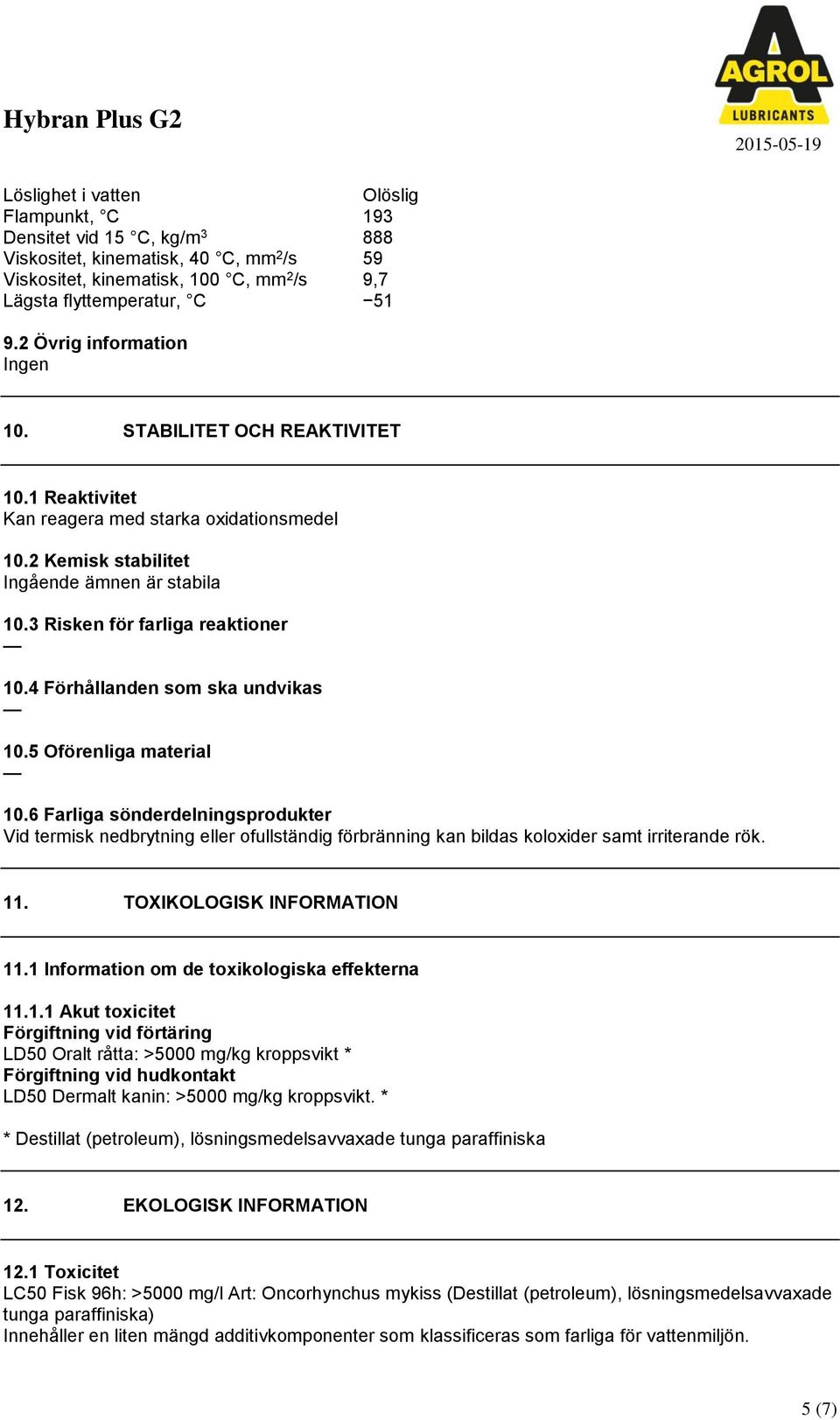 4 Förhållanden som ska undvikas 10.5 Oförenliga material 10.6 Farliga sönderdelningsprodukter Vid termisk nedbrytning eller ofullständig förbränning kan bildas koloxider samt irriterande rök. 11.