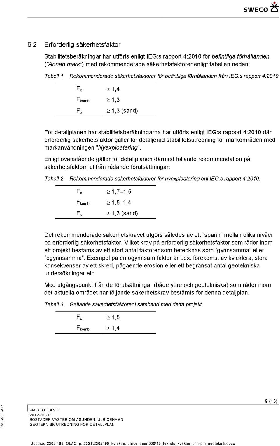Rekmmenderade säkerhetsfaktrer för befintliga förhållanden från IEG:s rapprt 4:2010 F c 1,4 F kmb 1,3 F 1,3 (sand) För detaljplanen har stabilitetsberäkningarna har utförts enligt IEG:s rapprt 4:2010