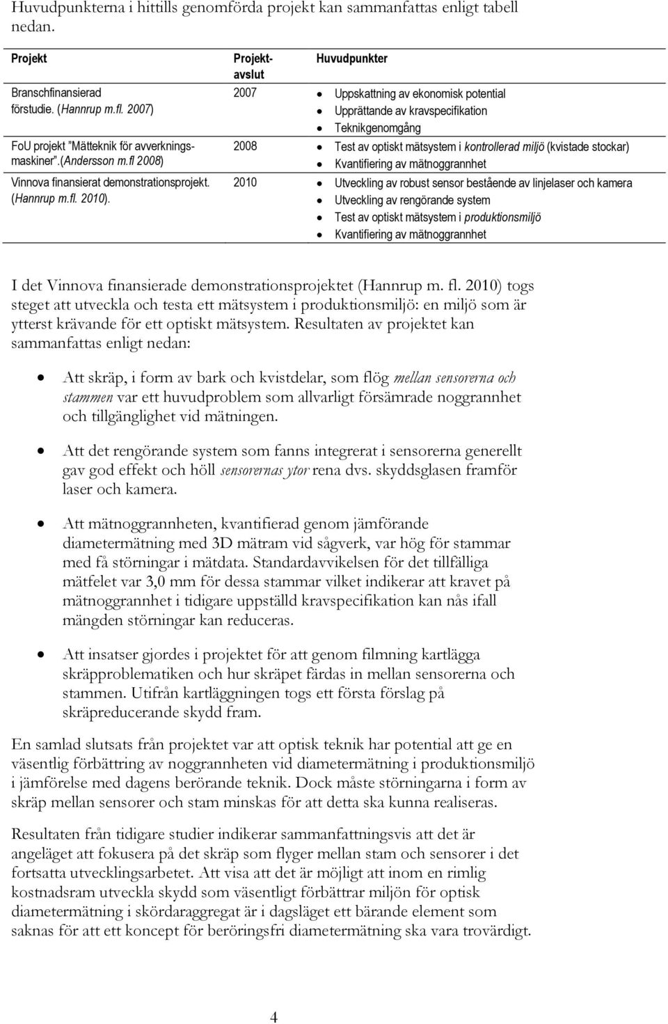 Projekt- Huvudpunkter avslut 2007 Uppskattning av ekonomisk potential Upprättande av kravspecifikation Teknikgenomgång 2008 Test av optiskt mätsystem i kontrollerad miljö (kvistade stockar)