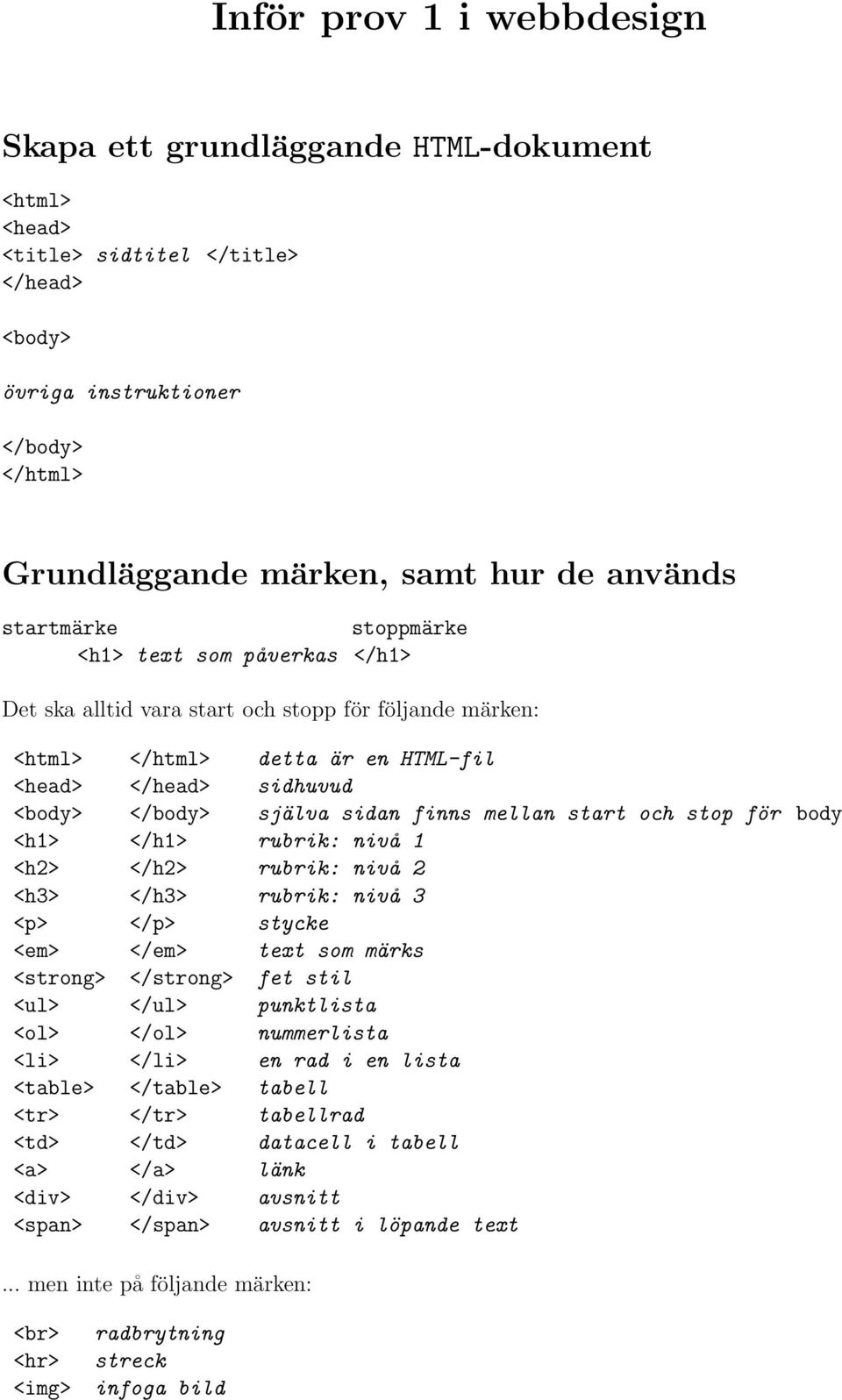 finns mellan start och stop för body <h1> </h1> rubrik: nivå 1 <h2> </h2> rubrik: nivå 2 <h3> </h3> rubrik: nivå 3 <p> stycke <em> </em> text som märks <strong> </strong> fet stil <ul> </ul>