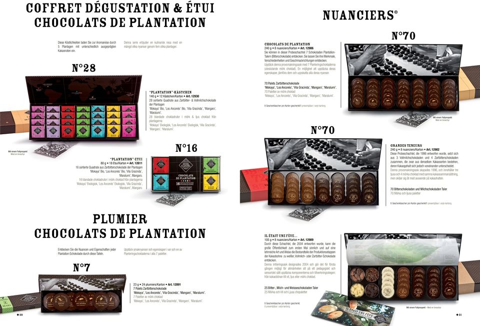 12906 Sie können in dieser Probeschachtel 7 Schokoladen Plantation- Talern (Bitterschokolade) entdecken. Sie lassen Sie ihre Merkmale, Verschiedenheiten und Geschmackrichtungen entdecken.