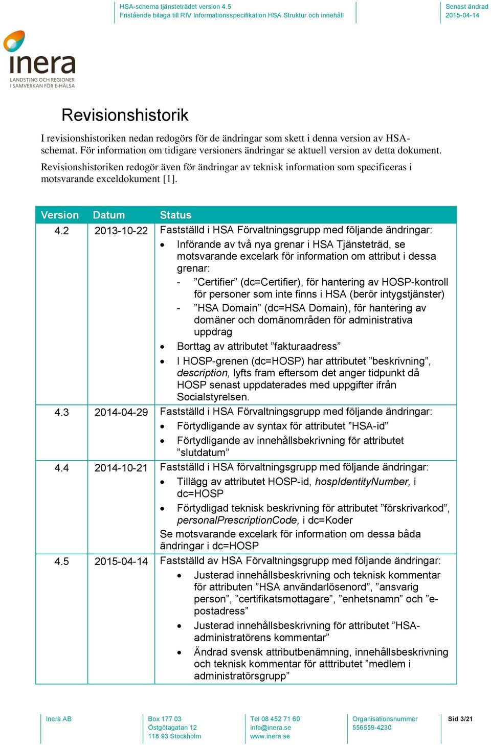 2 2013-10-22 Fastställd i HSA Förvaltningsgrupp med följande ändringar: Införande av två nya grenar i HSA Tjänsteträd, se motsvarande excelark för information om attribut i dessa grenar: - Certifier