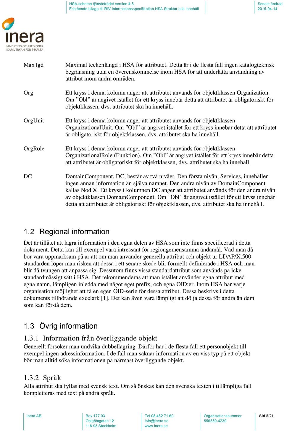 attributet ska ha innehåll. Ett kryss i denna kolumn anger att attributet används för objektklassen anizational.