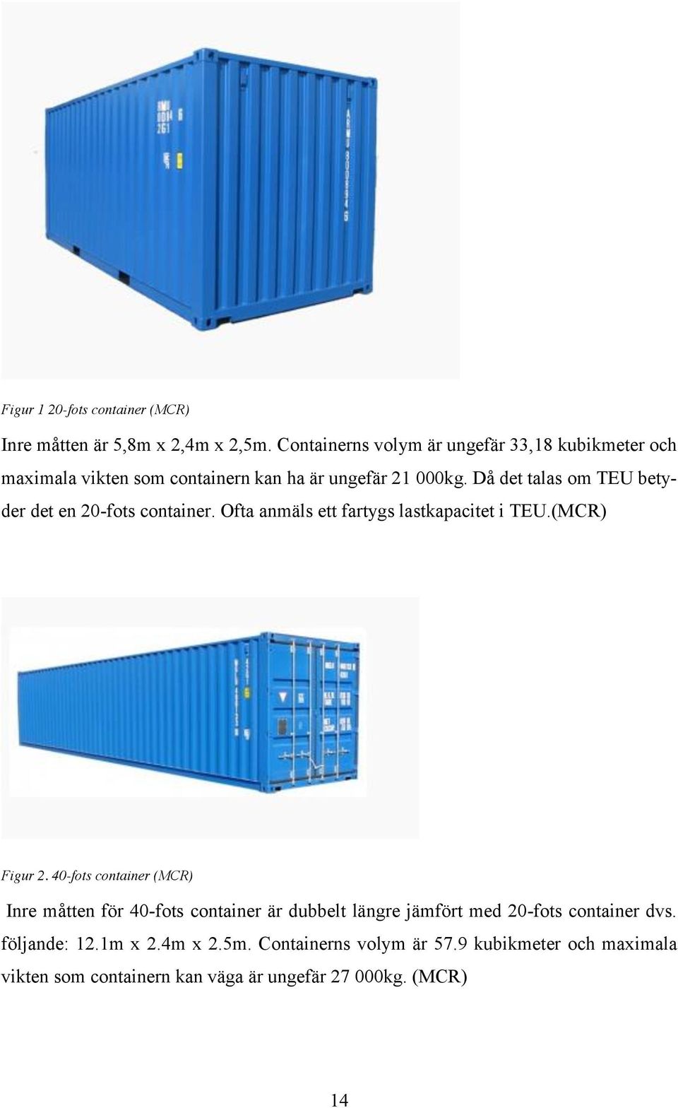 Då det talas om TEU betyder det en 20-fots container. Ofta anmäls ett fartygs lastkapacitet i TEU.(MCR) Figur 2.
