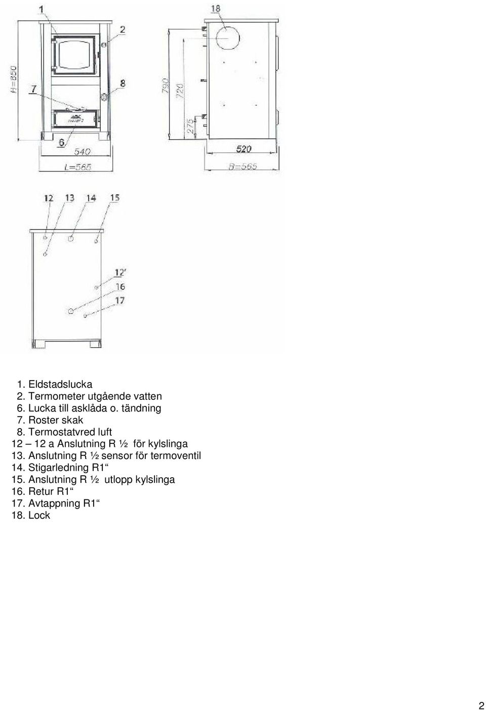 Termostatvred luft 12 12 a Anslutning R ½ för kylslinga 13.