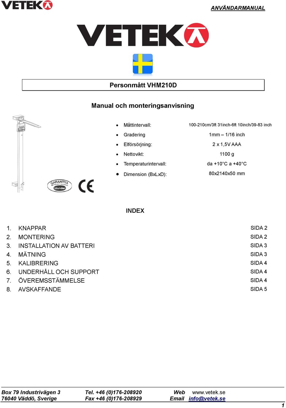 C Dimension (BxLxD): 80x2140x50 mm INDEX 1. KNAPPAR SIDA 2 2. MONTERING SIDA 2 3.