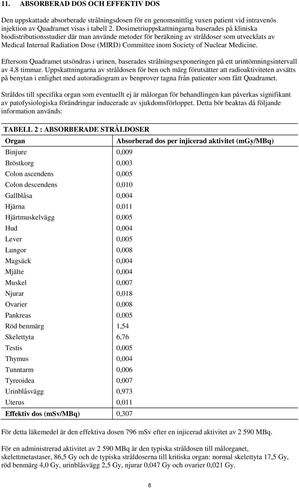 Society of Nuclear Medicine. Eftersom Quadramet utsöndras i urinen, baserades strålningsexponeringen på ett urintömningsintervall av 4,8 timmar.