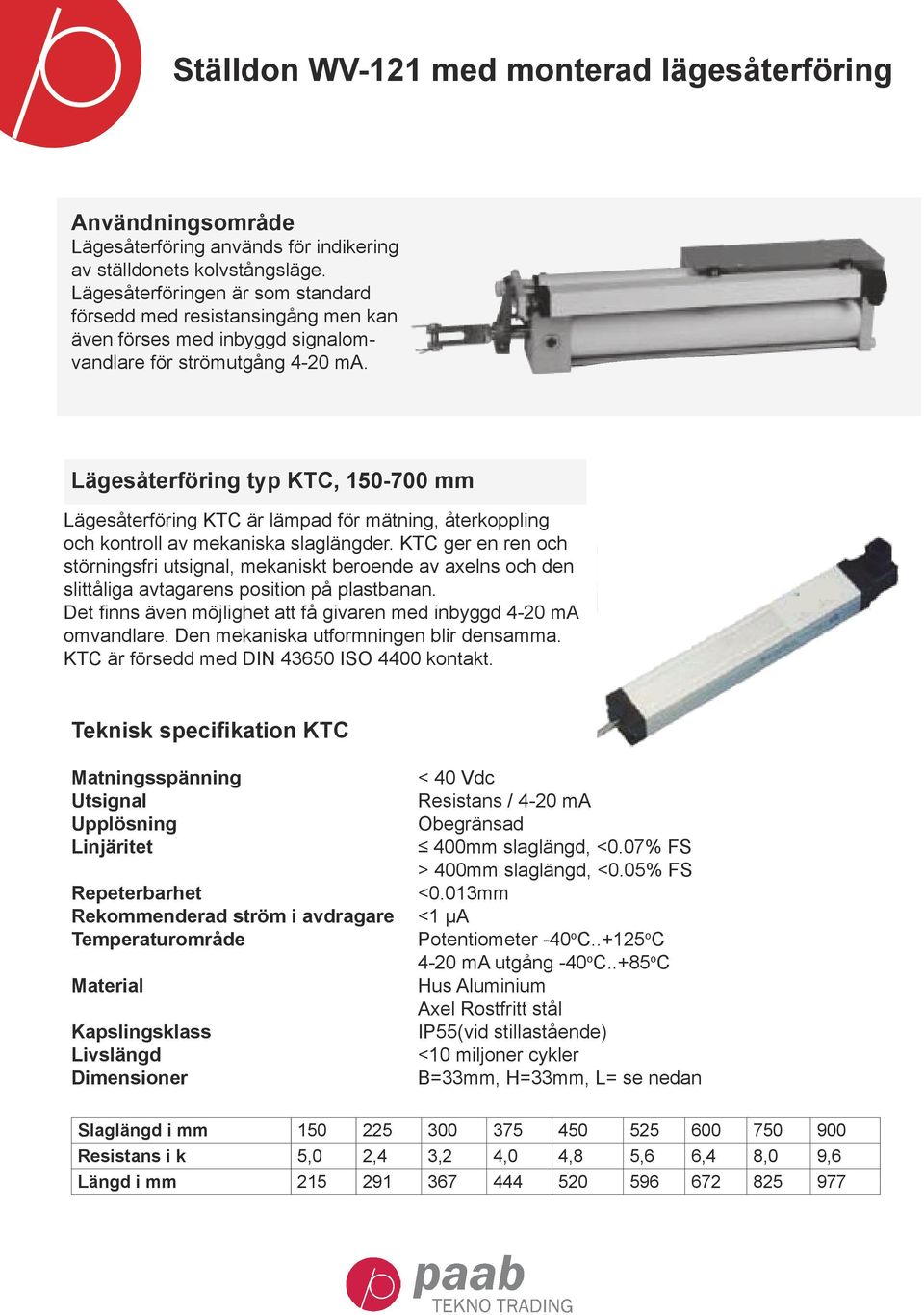 Lägesåterföring typ KTC, 150-700 mm Lägesåterföring KTC är lämpad för mätning, återkoppling och kontroll av mekaniska slaglängder.