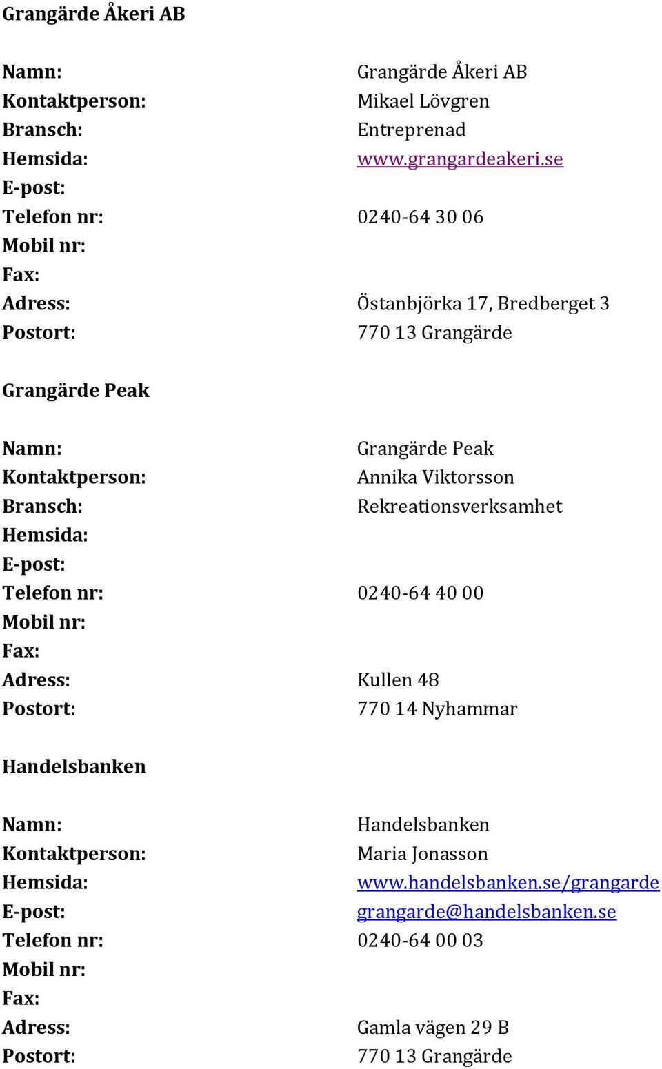 Viktorsson Rekreationsverksamhet Telefon nr: 0240-64 40 00 Adress: Kullen 48 Handelsbanken