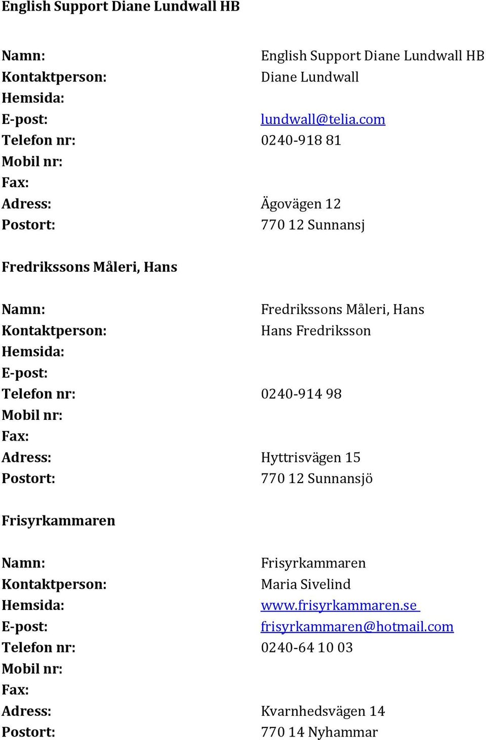 Måleri, Hans Hans Fredriksson Telefon nr: 0240-914 98 Adress: Hyttrisvägen 15 Frisyrkammaren
