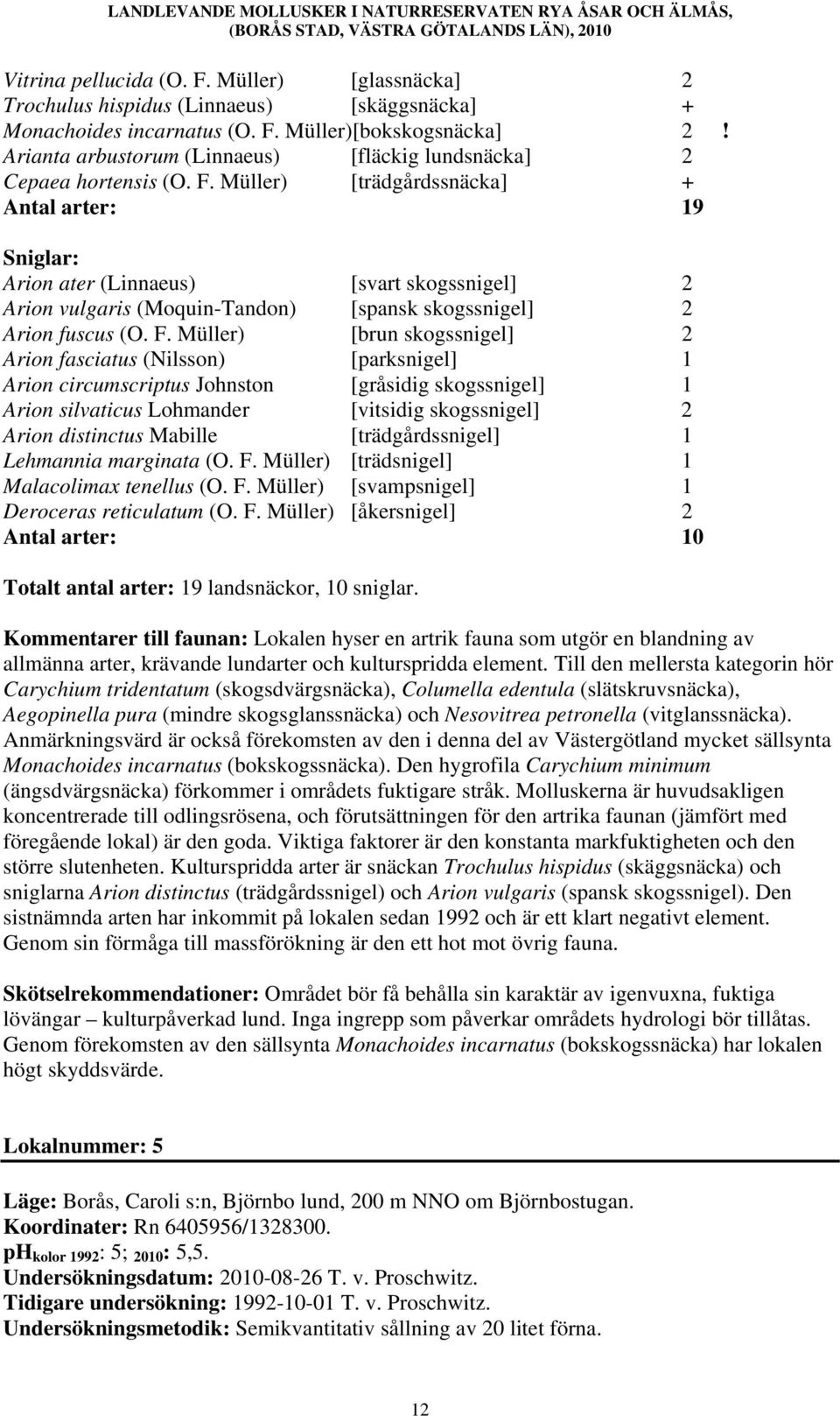 Müller) [trädgårdssnäcka] + Antal arter: 19 Sniglar: Arion ater (Linnaeus) [svart skogssnigel] 2 Arion vulgaris (Moquin-Tandon) [spansk skogssnigel] 2 Arion fuscus (O. F.