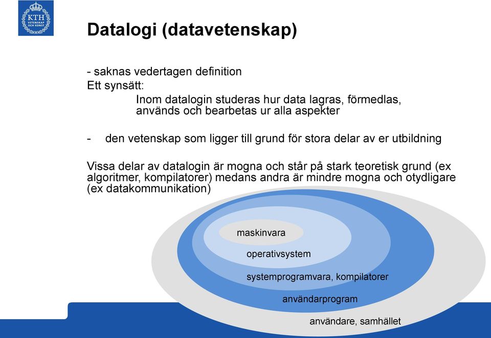 av datalogin är mogna och står på stark teoretisk grund (ex algoritmer, kompilatorer) medans andra är mindre mogna och