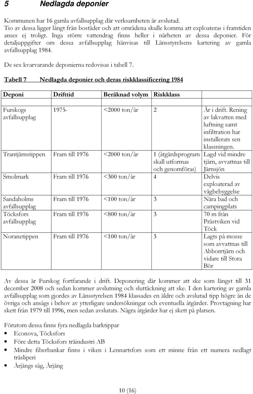 För detaljuppgifter om dessa avfallsupplag hänvisas till Länsstyrelsens kartering av gamla avfallsupplag 1984. De sex kvarvarande deponierna redovisas i tabell 7.