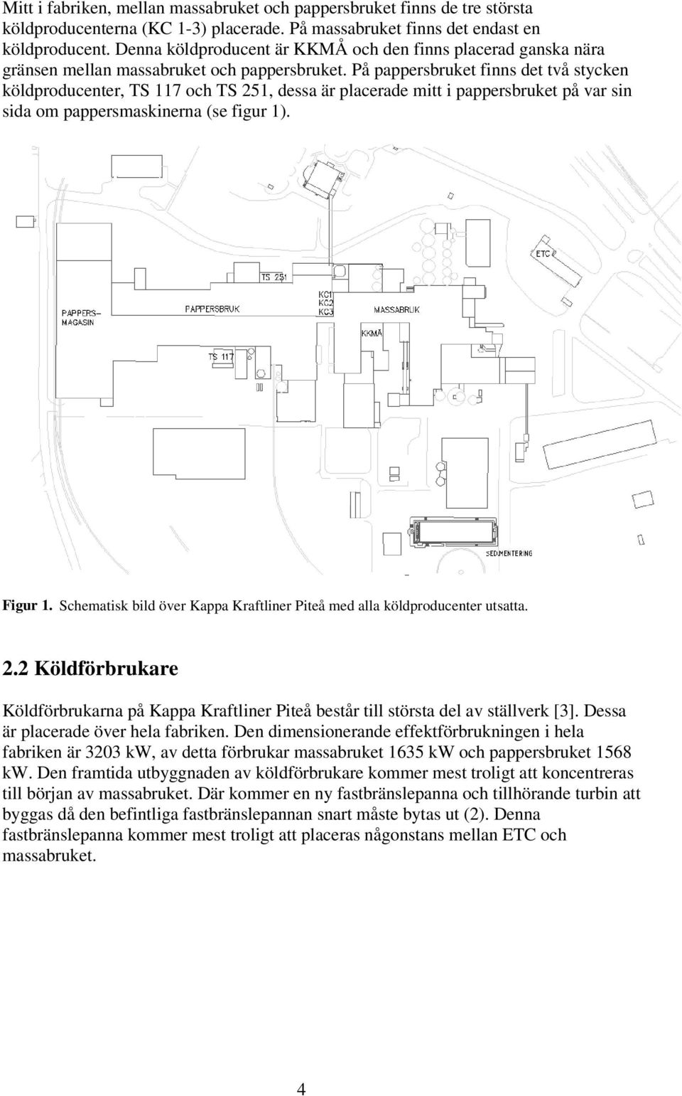 På pappersbruket finns det två stycken köldproducenter, TS 117 och TS 251, dessa är placerade mitt i pappersbruket på var sin sida om pappersmaskinerna (se figur 1). Figur 1.
