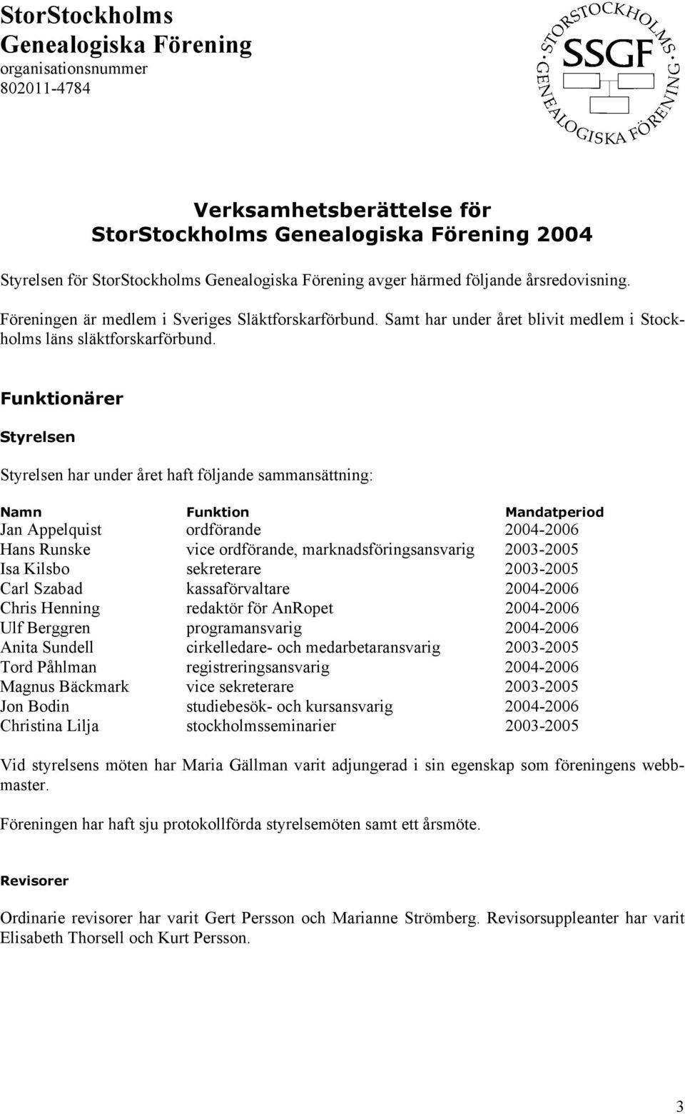 Funktionärer Styrelsen Styrelsen har under året haft följande sammansättning: Namn Funktion Mandatperiod Jan Appelquist ordförande 2004-2006 Hans Runske vice ordförande, marknadsföringsansvarig