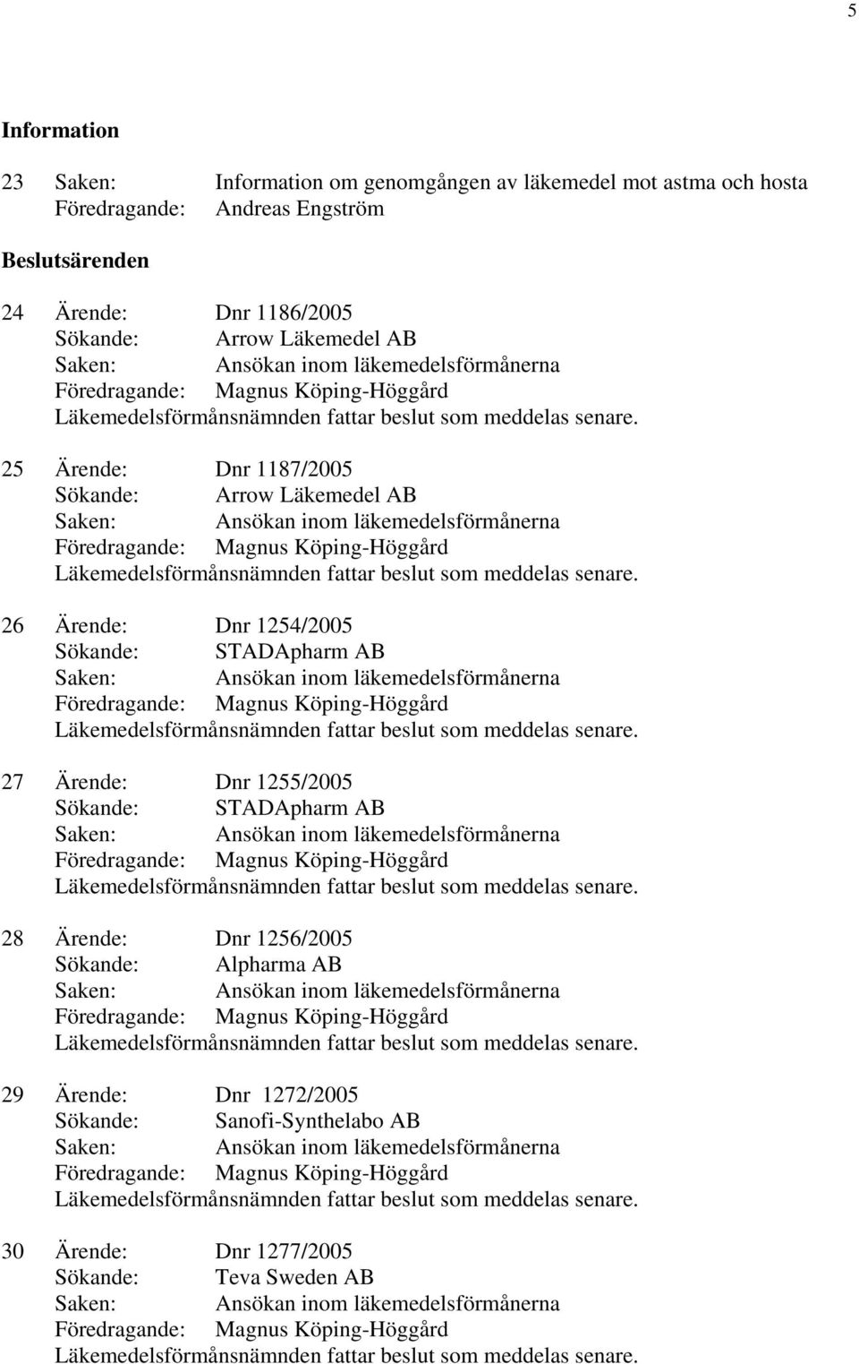 26 Ärende: Dnr 1254/2005 Sökande: STADApharm AB 27 Ärende: Dnr 1255/2005 Sökande: STADApharm AB 28 Ärende: Dnr 1256/2005