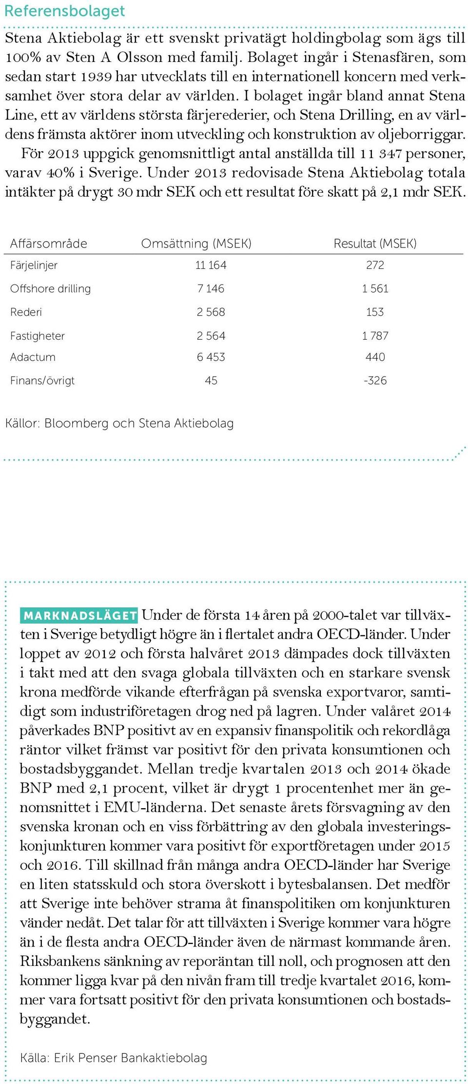 I bolaget ingår bland annat Stena Line, ett av världens största färjerederier, och Stena Drilling, en av världens främsta aktörer inom utveckling och konstruktion av oljeborriggar.