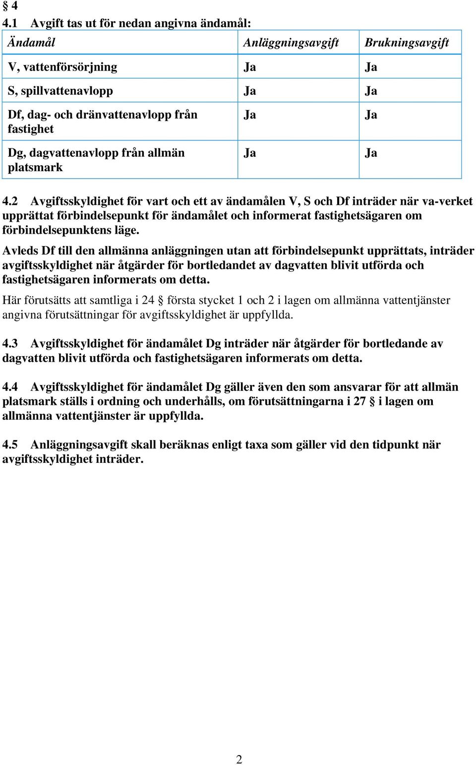 2 Avgiftsskyldighet för vart och ett av ändamålen V, S och Df inträder när va-verket upprättat förbindelsepunkt för ändamålet och informerat fastighetsägaren om förbindelsepunktens läge.