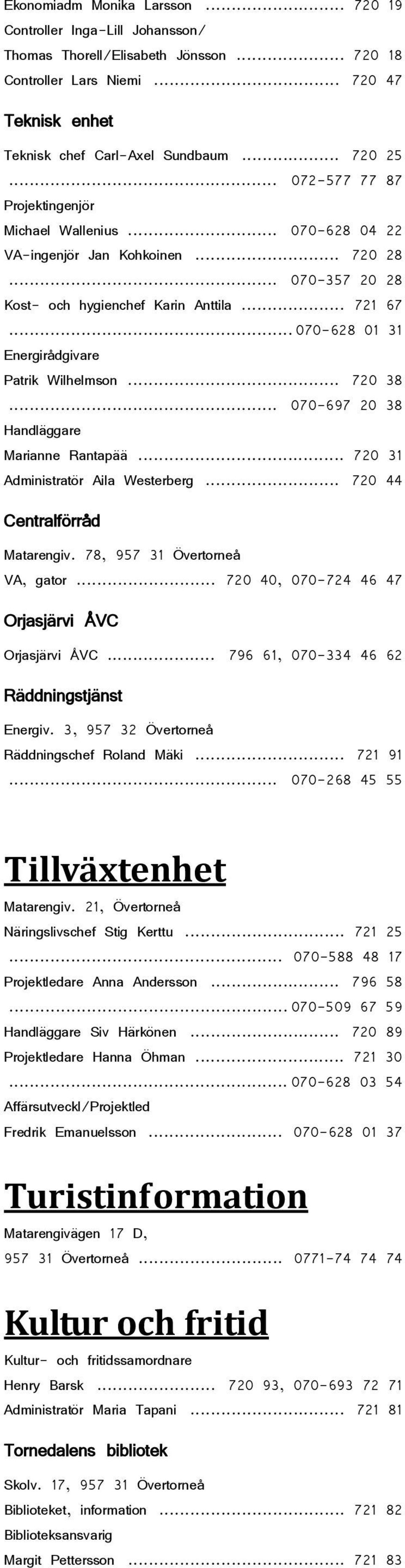 .. 070-628 01 31 Energirådgivare Patrik Wilhelmson... 720 38... 070-697 20 38 Handläggare Marianne Rantapää... 720 31 Administratör Aila Westerberg... 720 44 Centralförråd Matarengiv.