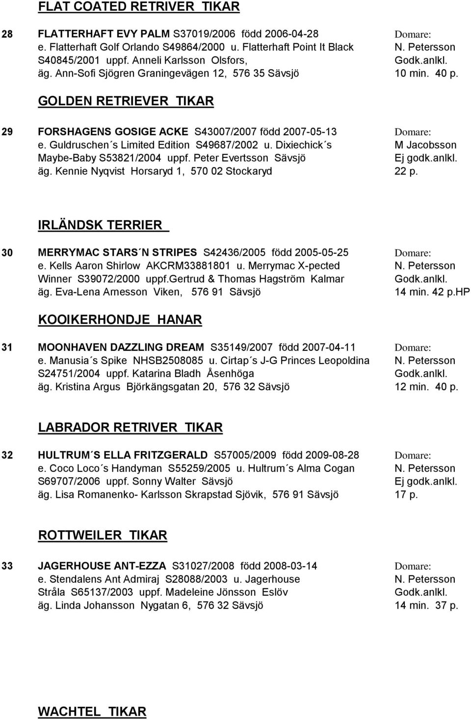 Guldruschen s Limited Edition S49687/2002 u. Dixiechick s M Jacobsson Maybe-Baby S53821/2004 uppf. Peter Evertsson Sävsjö äg. Kennie Nyqvist Horsaryd 1, 570 02 Stockaryd 22 p.