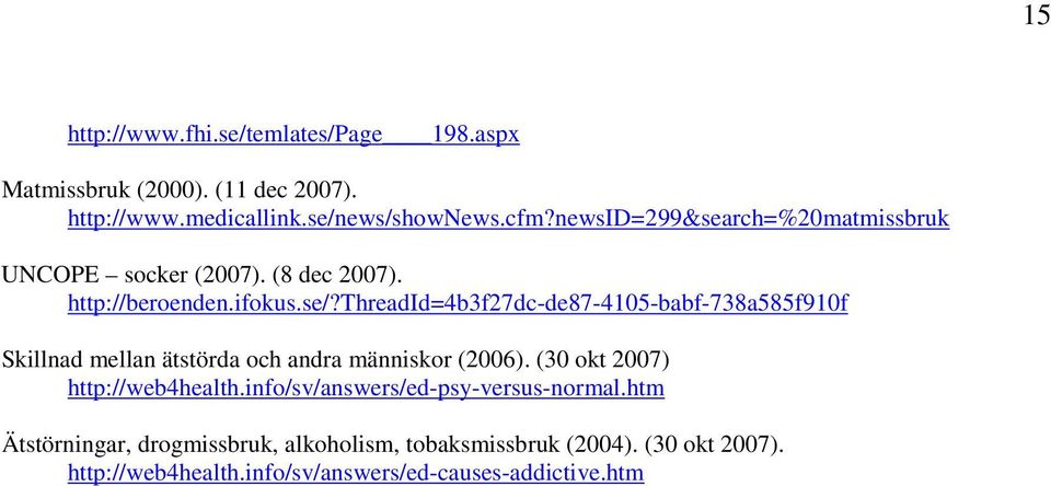 threadid=4b3f27dc-de87-4105-babf-738a585f910f Skillnad mellan ätstörda och andra människor (2006). (30 okt 2007) http://web4health.