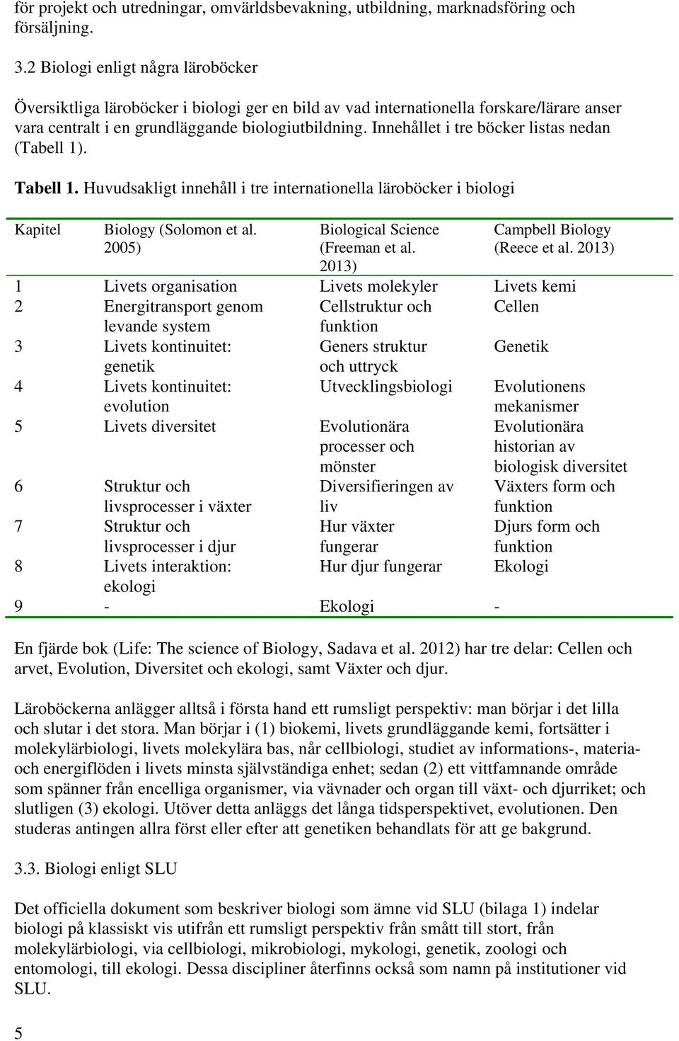 Innehållet i tre böcker listas nedan (Tabell 1). Tabell 1. Huvudsakligt innehåll i tre internationella läroböcker i biologi Kapitel 5 Biology (Solomon et al. 2005) Biological Science (Freeman et al.