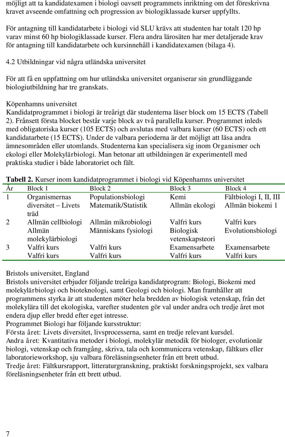 Flera andra lärosäten har mer detaljerade krav för antagning till kandidatarbete och kursinnehåll i kandidatexamen (bilaga 4)