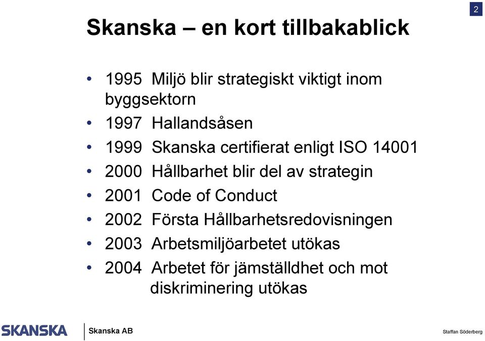 Hållbarhet blir del av strategin 2001 Code of Conduct 2002 Första