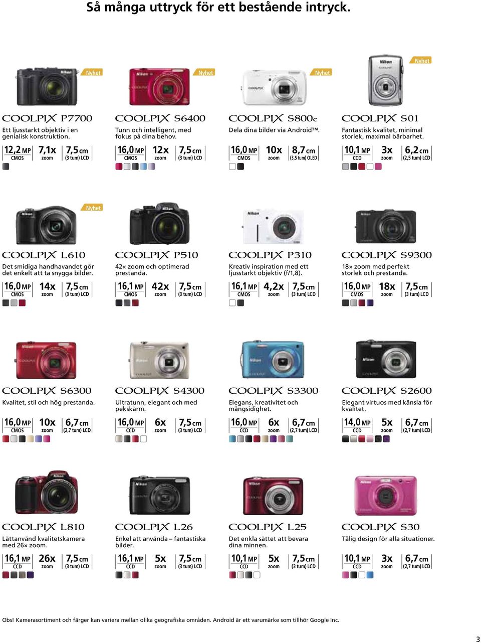 10,1 MP CCD 3x 6,2 cm (2, tum) LCD Nyhet Det smidiga handhavandet gör det enkelt att ta snygga bilder. 16,0 MP 14x CMOS 7, cm (3 tum) LCD 42 och optimerad prestanda.