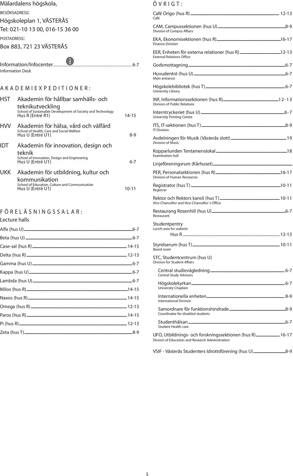 teknikutveckling School of Sustainable Development of Society and Technology (Entré R1) 14-15 Akademin för hälsa, vård och välfärd School of Health, Care and Social Welfare (Entré U1) 8-9 Akademin