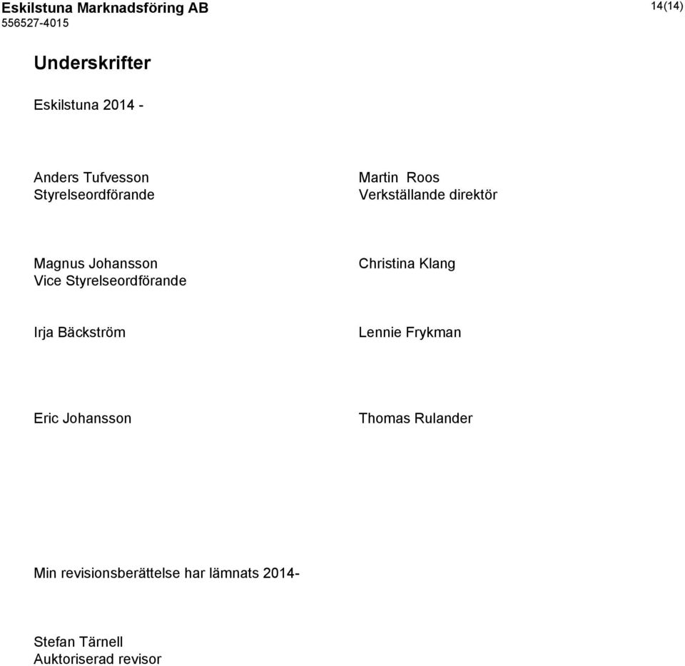 Vice Styrelseordförande Christina Klang Irja Bäckström Lennie Frykman Eric