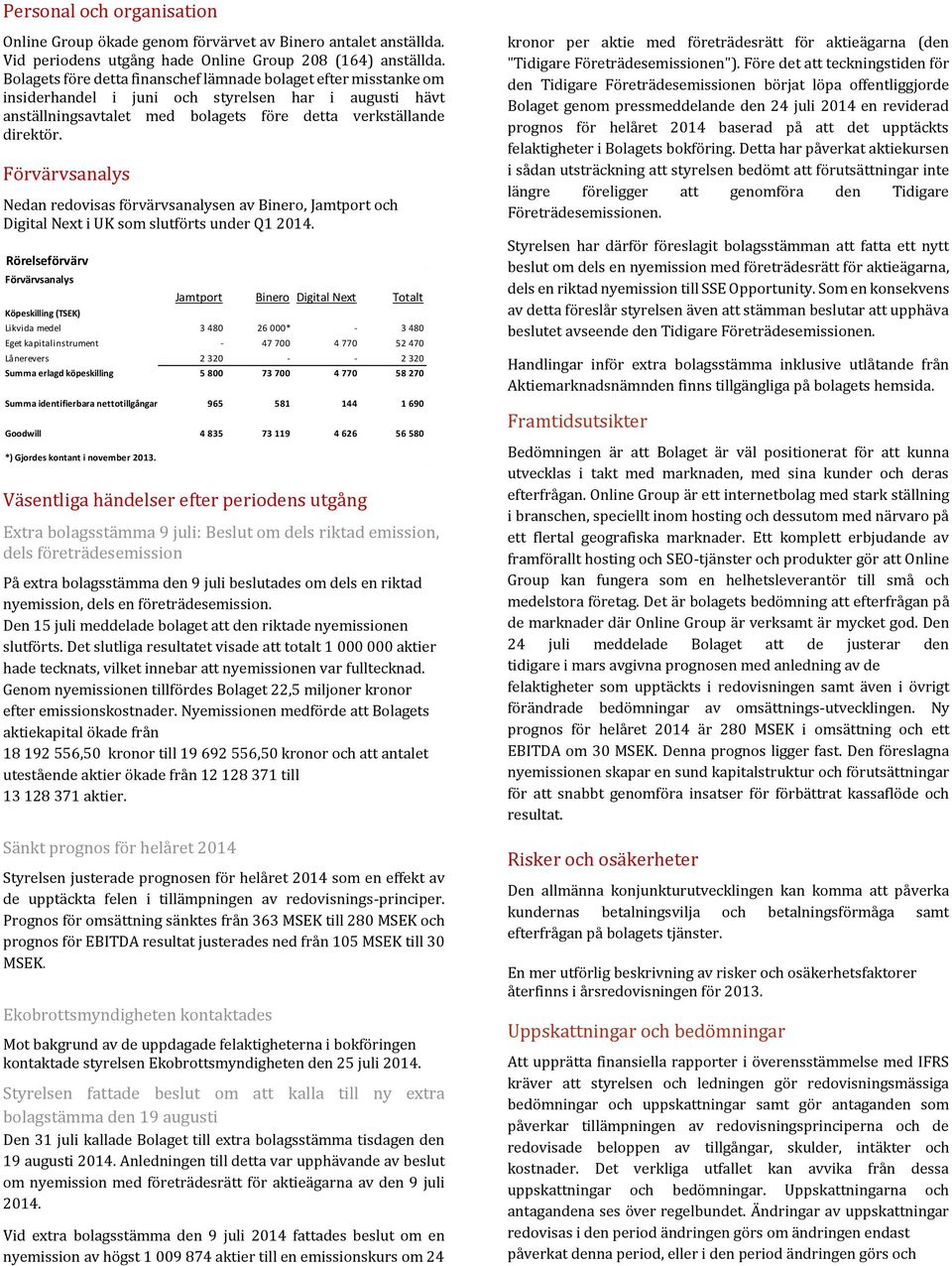 Förvärvsanalys Nedan redovisas förvärvsanalysen av Binero, Jamtport och Digital Next i UK som slutförts under Q1 2014.