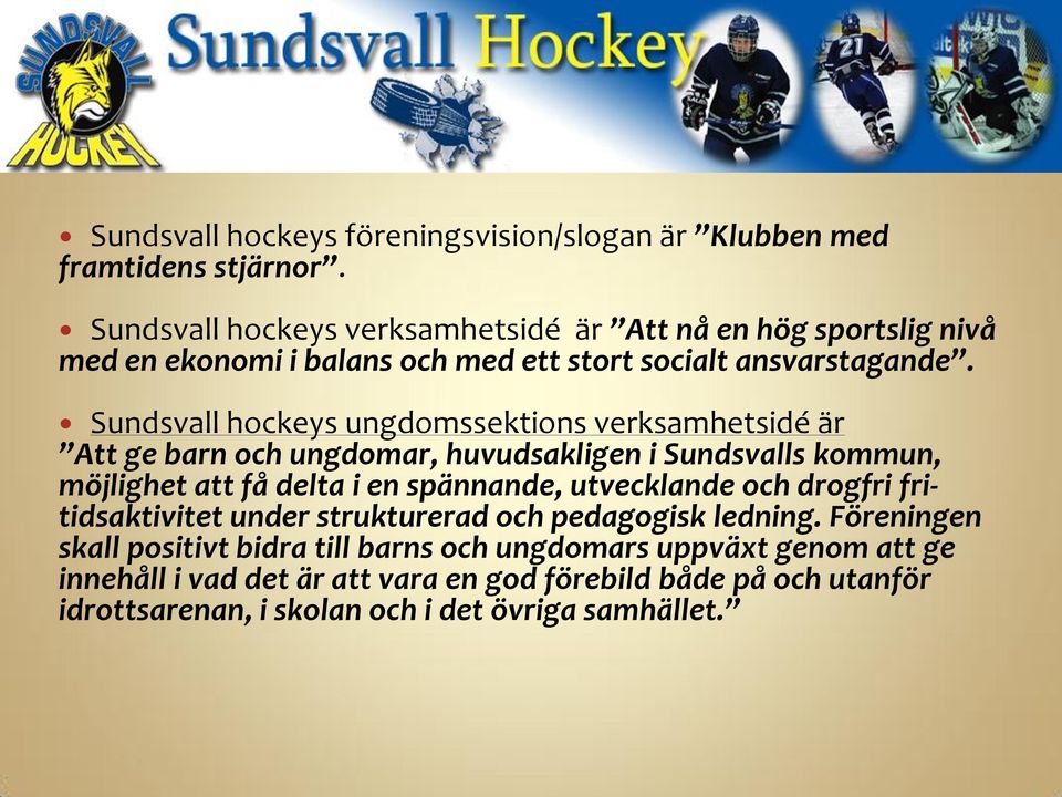 Sundsvall hockeys ungdomssektions verksamhetsidé är Att ge barn och ungdomar, huvudsakligen i Sundsvalls kommun, möjlighet att få delta i en spännande,