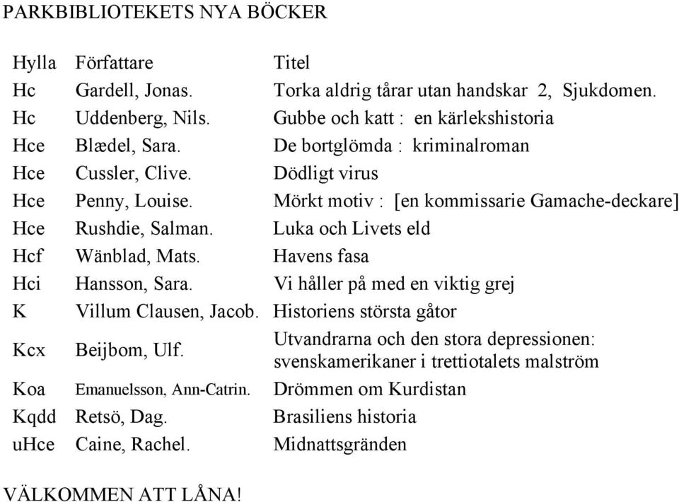 Mörkt motiv : [en kommissarie Gamache-deckare] Hce Rushdie, Salman. Luka och Livets eld Hcf Wänblad, Mats. Havens fasa Hci Hansson, Sara.
